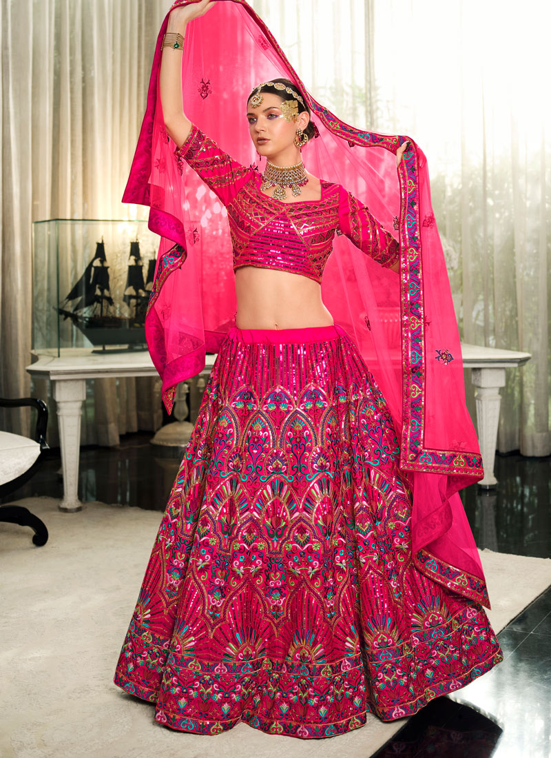 Pink Silk Bridal Lehenga Choli With Embroidery, Thread & Sequins Work