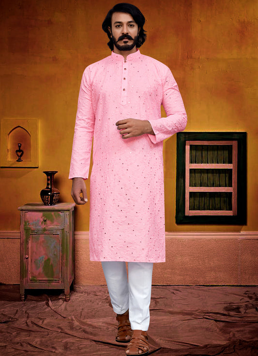 Pink Silk Embroidered Men's Kurta Pajama