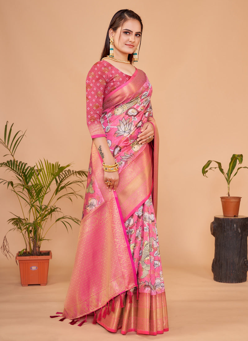Pink Silk Saree With Digital Print Work