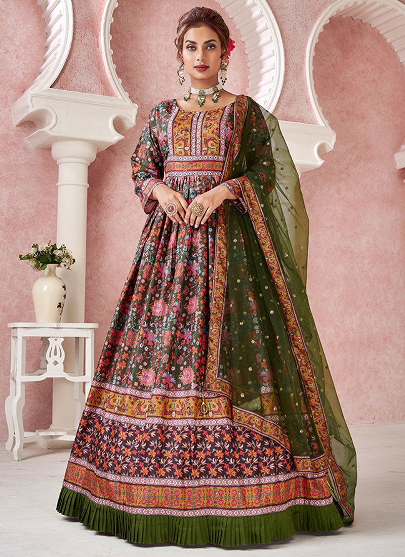 Pink & Green Silk Printed Anarkali Gown