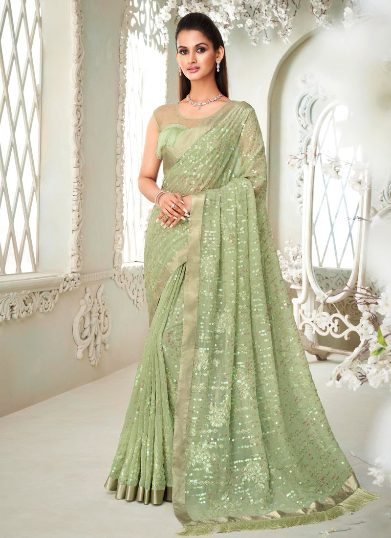 Pista Green Georgette Party Wear Saree With Sequins Work