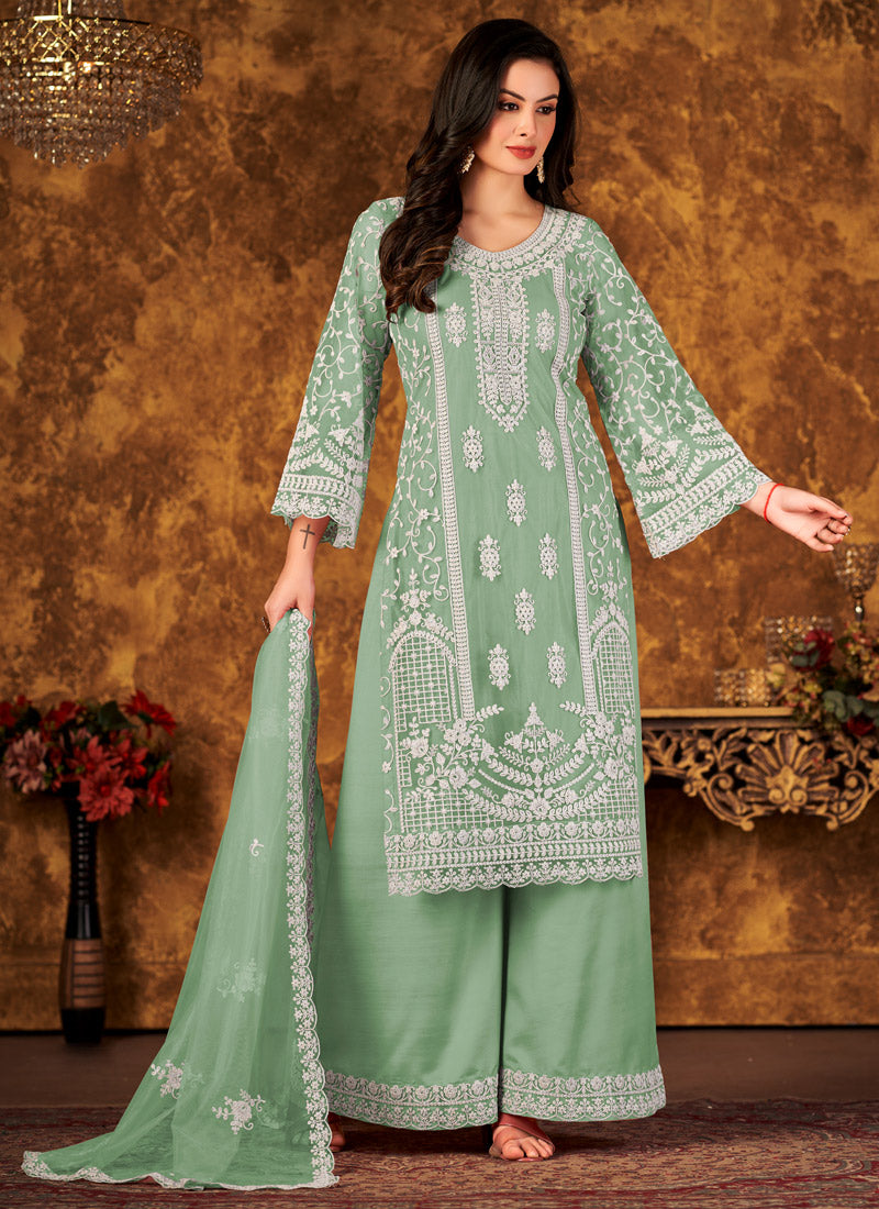 Pista Green Net Palazzo Suit With Lace Work