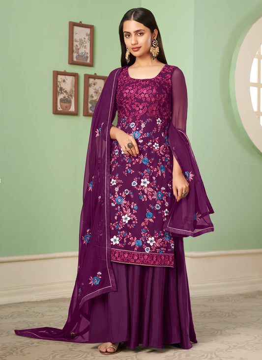 Purple Georgette Salwar Kameez With Embroidery & Sequins