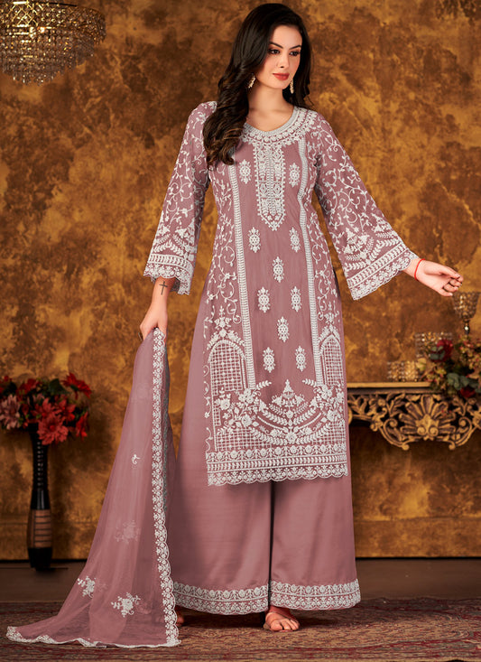 Purple Net Palazzo Suit With Lace Work