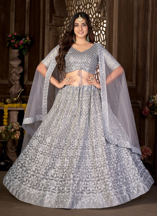 Purple Net Party Wear Lehenga Choli With Embroidered And Sequence Work