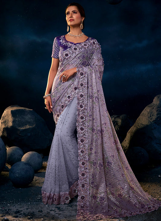 Purple Net Saree With Heavy Embroidery with Sequins, Thread & Zari Work