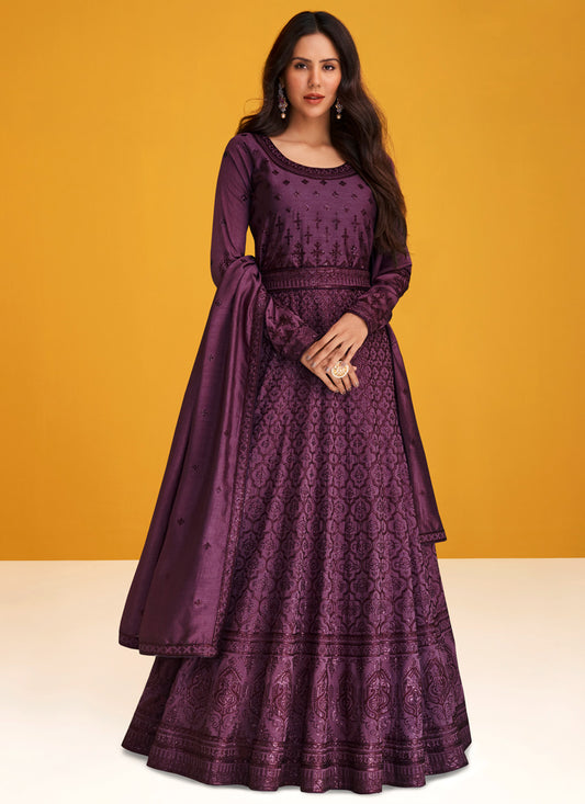 Purple Readymade Silk Anarkali Suit
