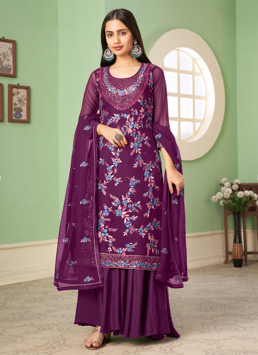 Purple Georgette Salwar Kameez With Embroidery & Sequins