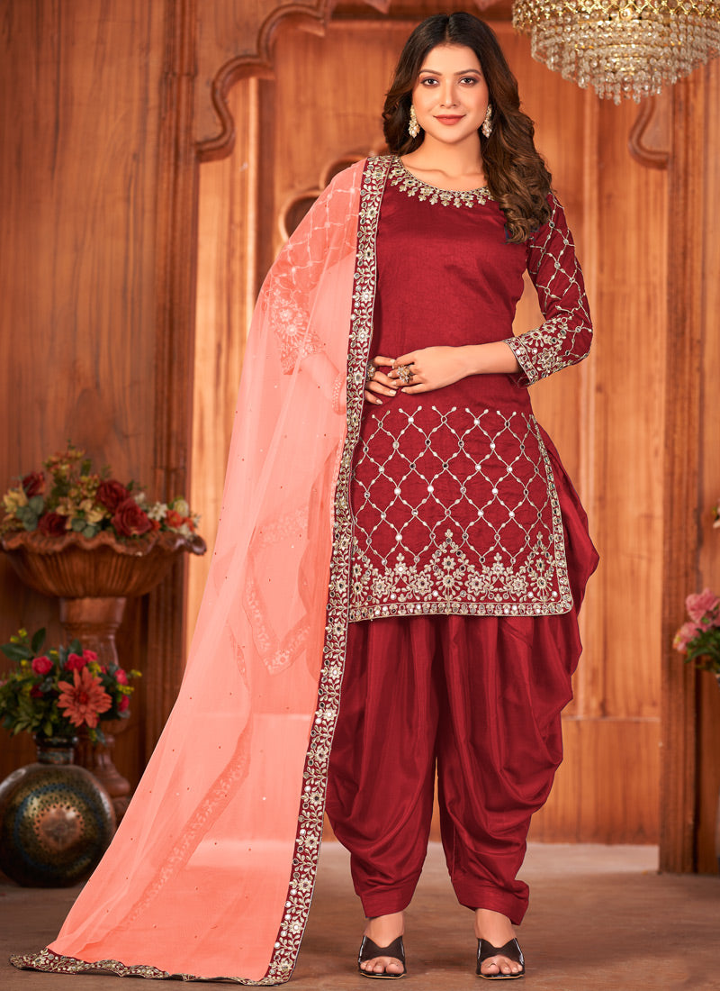 Red Art Silk Punjabi Patiala Suit