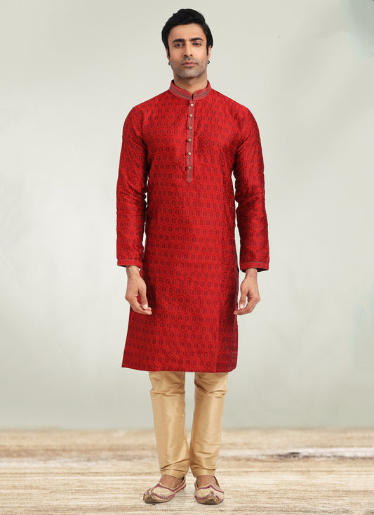 Red Jacquard Men's Wear Kurta Pajama