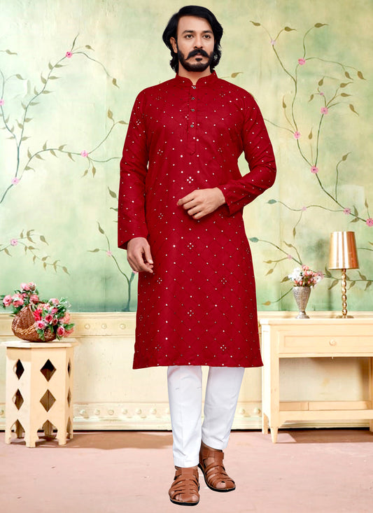Red Silk Embroidered Men's Kurta Pajamax