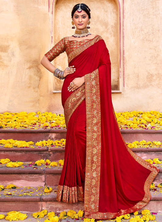 Red Silk Saree With Jacquard Lace Work