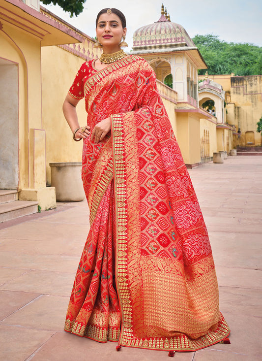 Red Viscose Saree with Embroidery Border