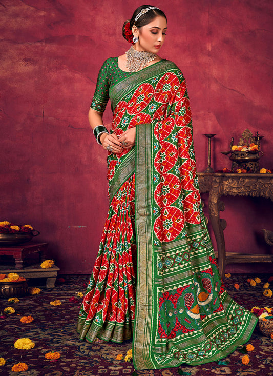 Red & Green Velvet Tussar Silk Saree With Diamond Work