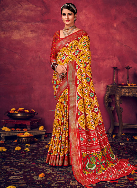 Red & Yellow Velvet Tussar Silk Saree With Diamond Work