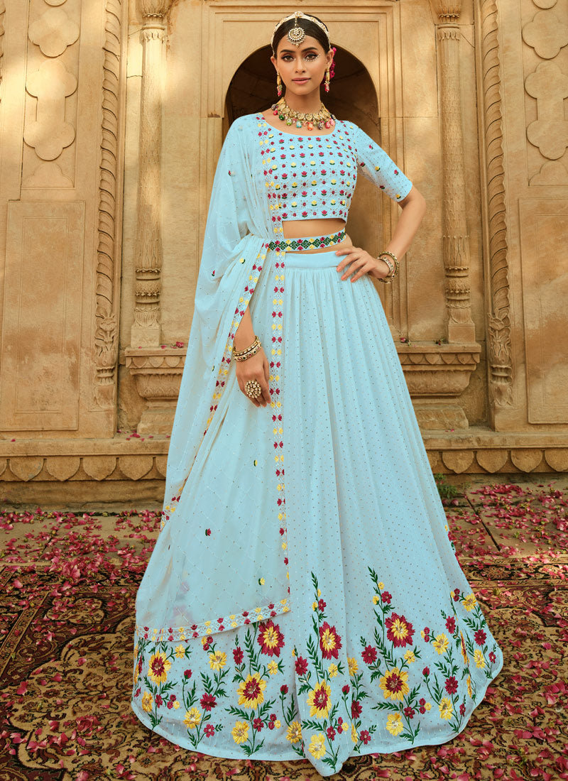 Sky Blue Bridesmaid Lehenga Choli with Thread and Sequins Work