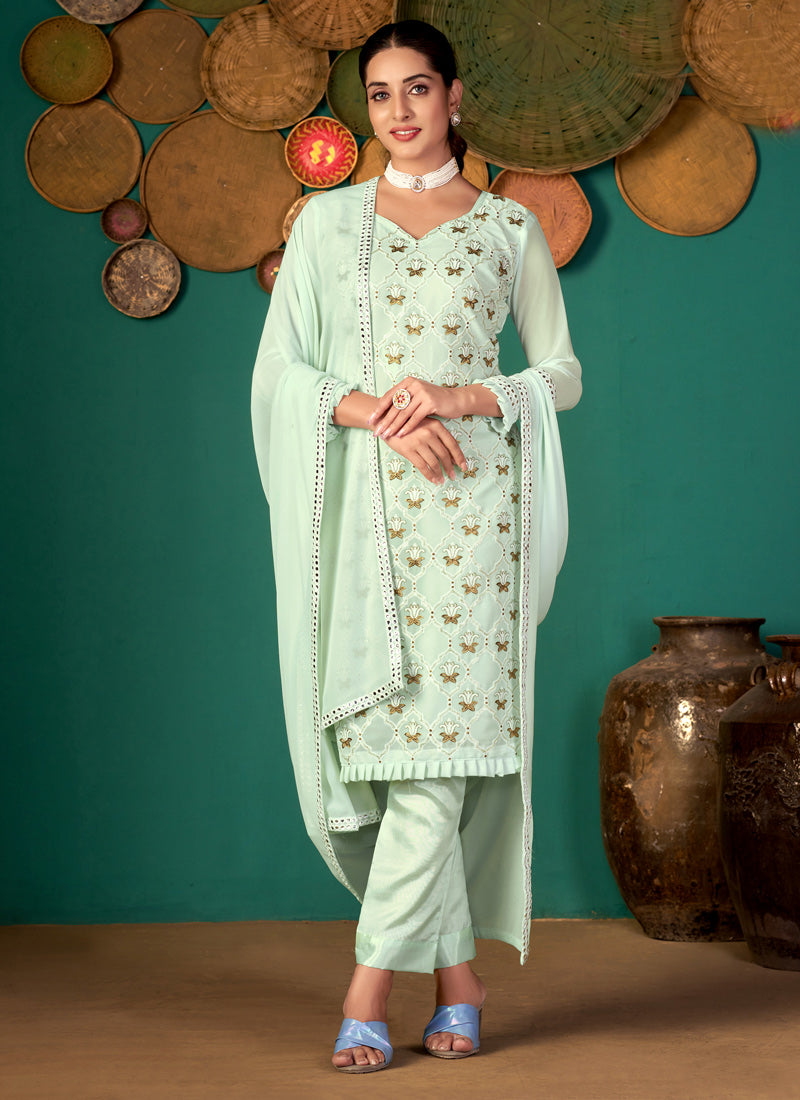 Sky Blue Faux Georgette Salwar Kameez With Sequence ,Thread & Jari Embroidery Work