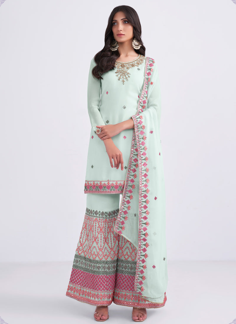 Sky Blue Georgette Sharara Suit With Embroidery & Sequins Work