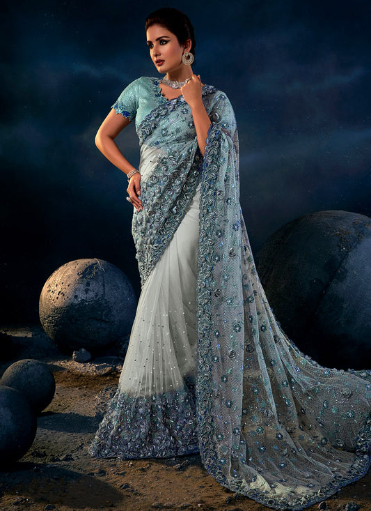 Sky Blue Net Saree With Heavy Embroidery with Sequins, Thread & Zari Work