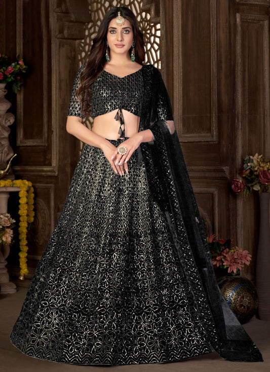 Black Net Party Wear Lehenga Choli With Embroidered And Sequence Work