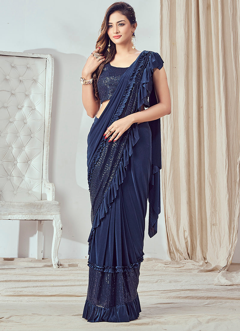 Blue Ready Made Party Wear Saree with Sequins Work