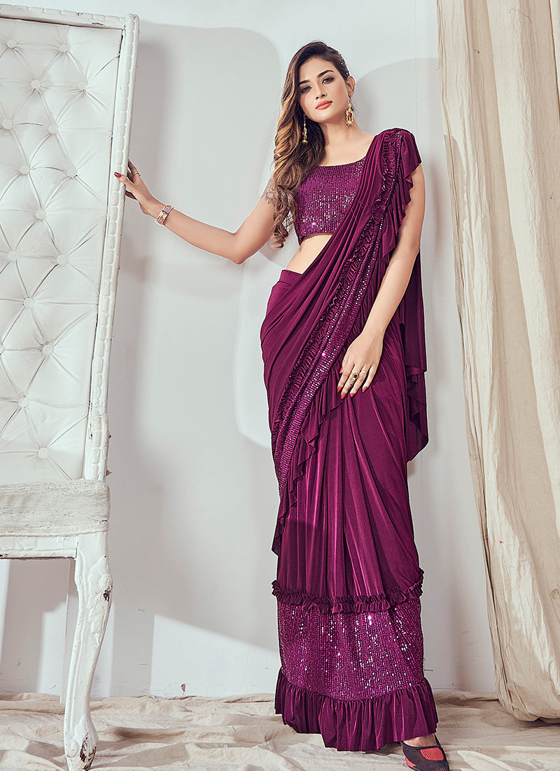 Purple Ready Made Party Wear Saree with Sequins Work