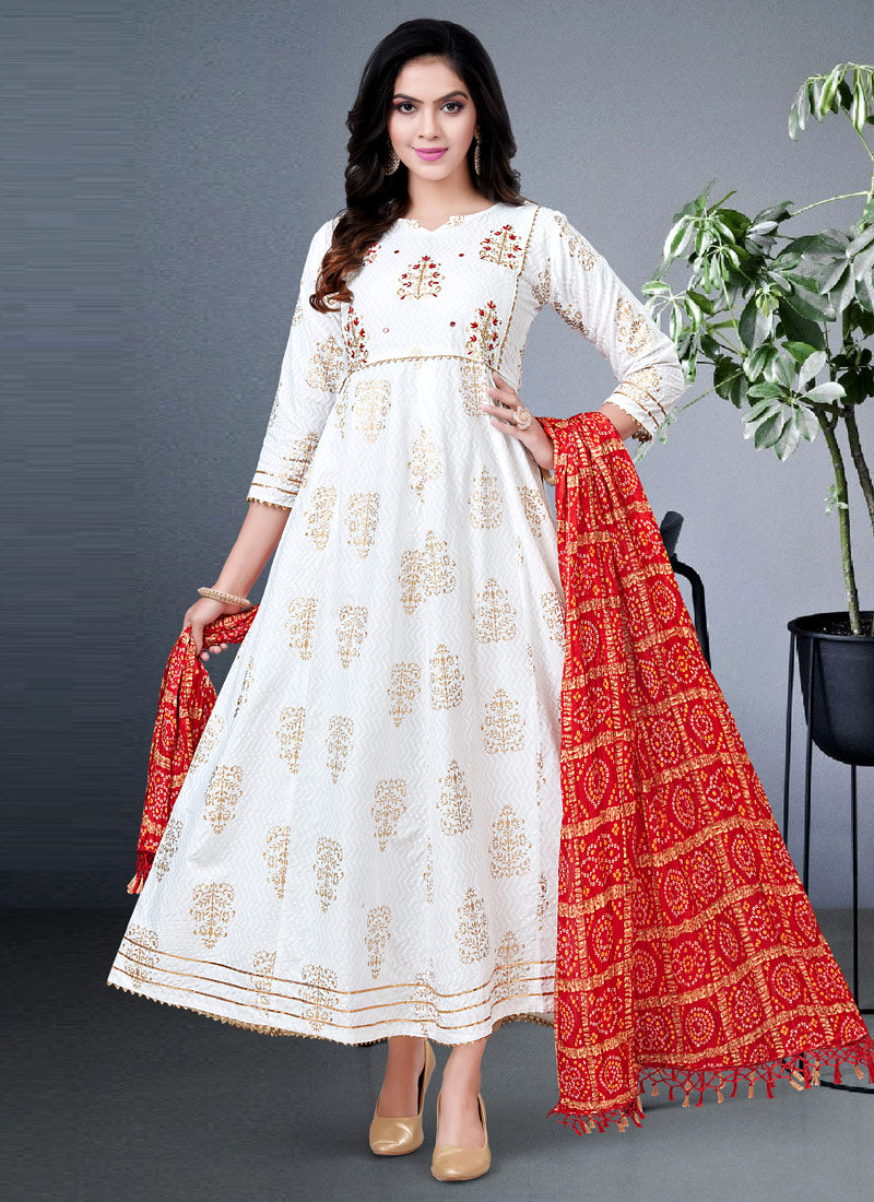 White Chinon Bandhani Print Anarkali Gown