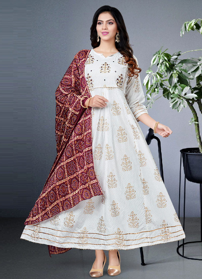 White Chinon Bandhani Print Anarkali Gown