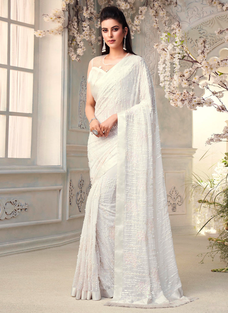 White Georgette Party Wear Saree With Sequins Work