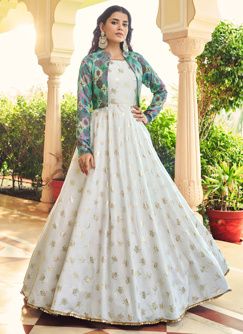 White Sequince Embroidered Work Anarkali Gown