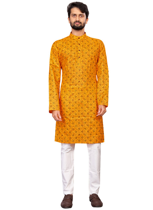 White & Yellow Printed Men's Kurta Pajama