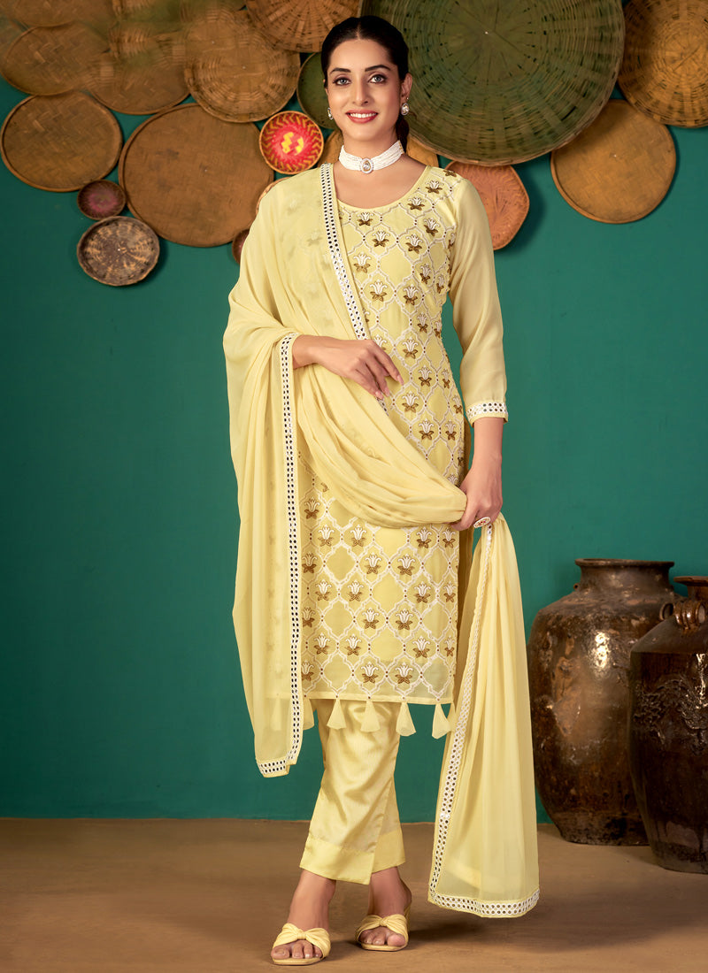Yellow Faux Georgette Salwar Kameez With Sequence ,Thread & Jari Embroidery Work