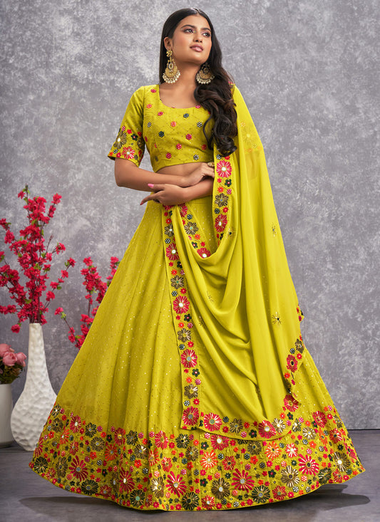 Yellow Georgette Lehenga Choli With Embroidery, Thread & Sequins Work