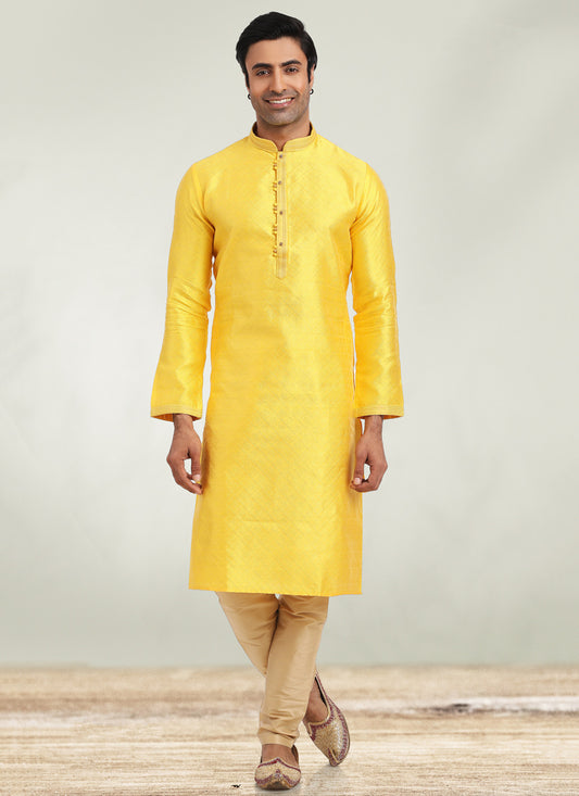 Yellow Jacquard Men's Kurta Pajama