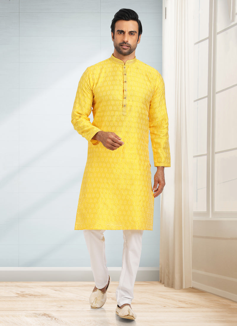 Yellow Jacquard Men's Wear Kurta Pajama
