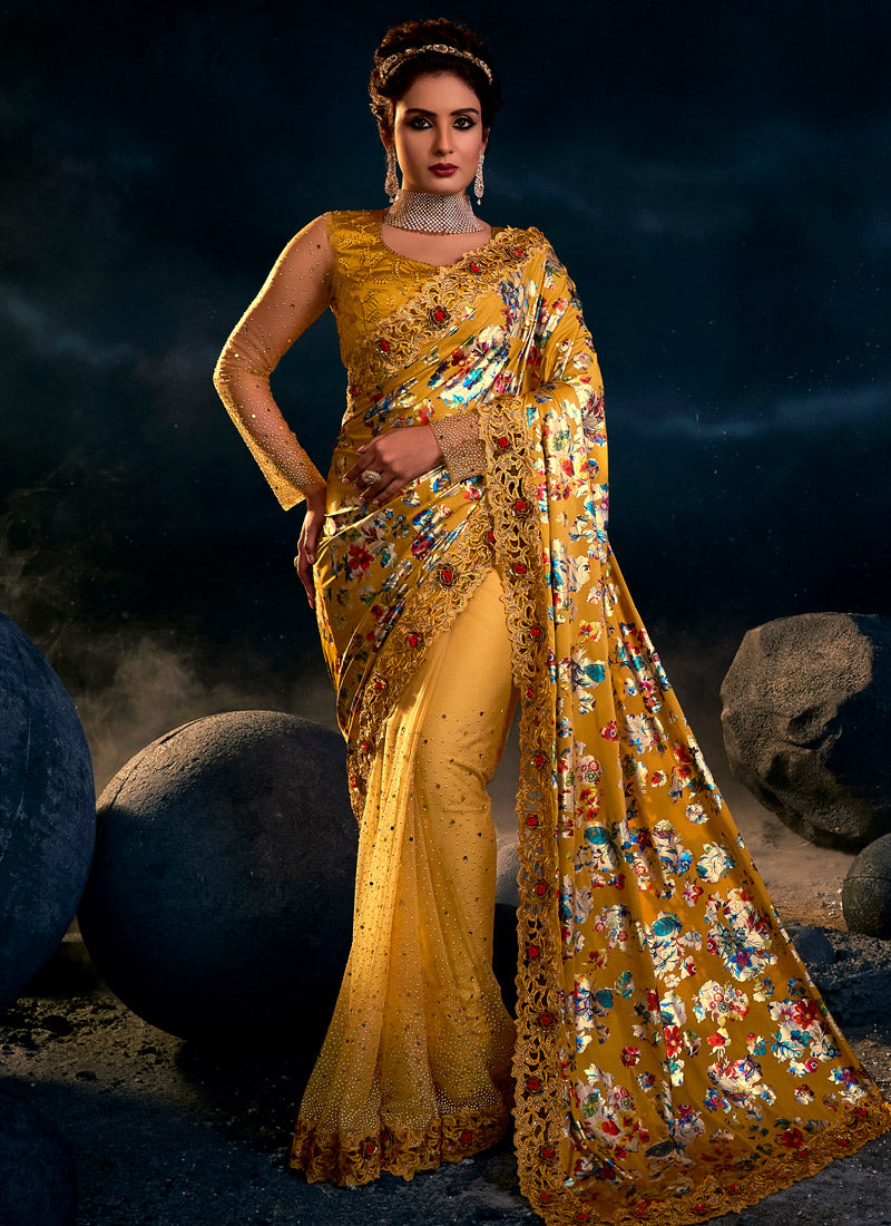 Mustard Net Saree With Heavy Embroidery with Sequins, Thread & Zari Work