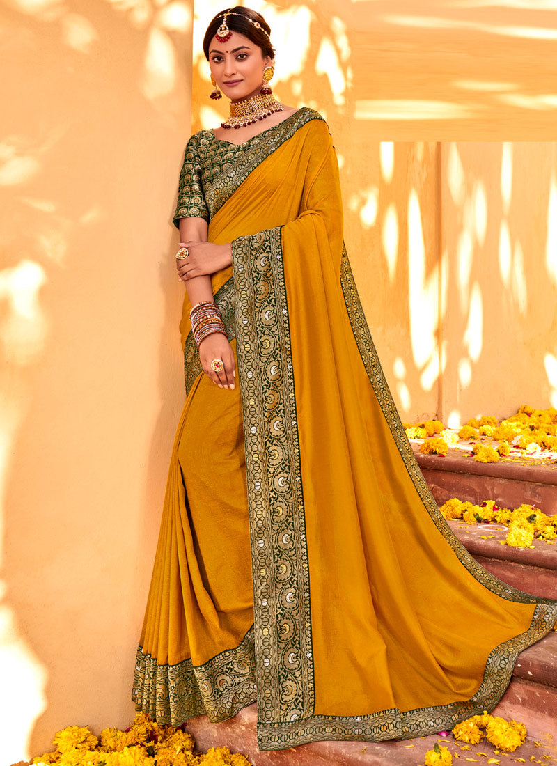 Yellow Silk Saree With Jacquard Lace Work