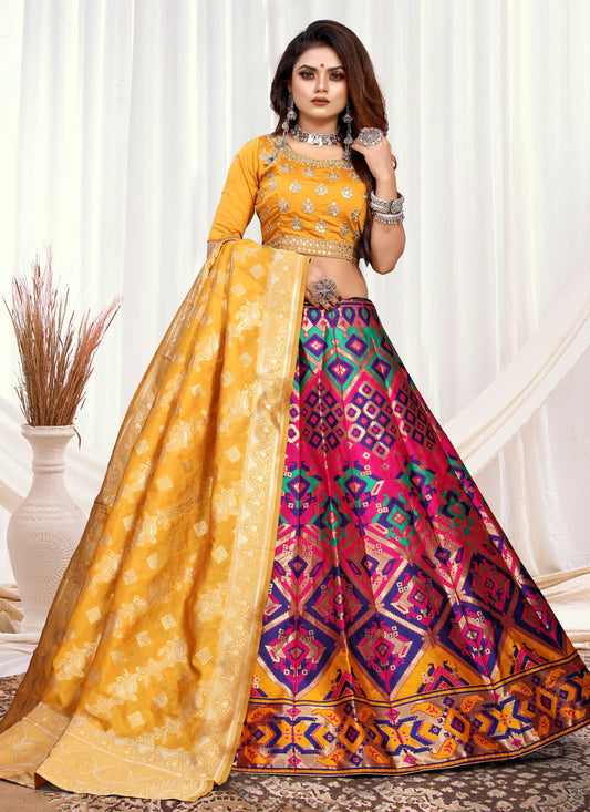 Yellow & Pink Banarasi Silk Lehenga Choli