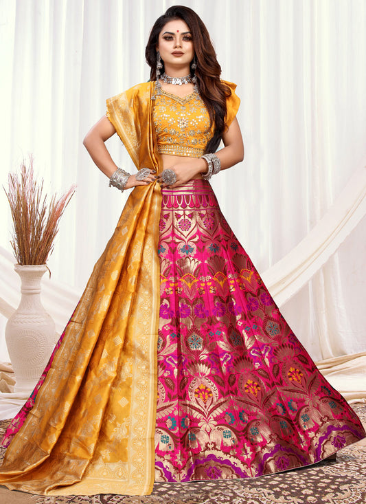 Yellow & Pink Banarasi Silk Lehenga Choli
