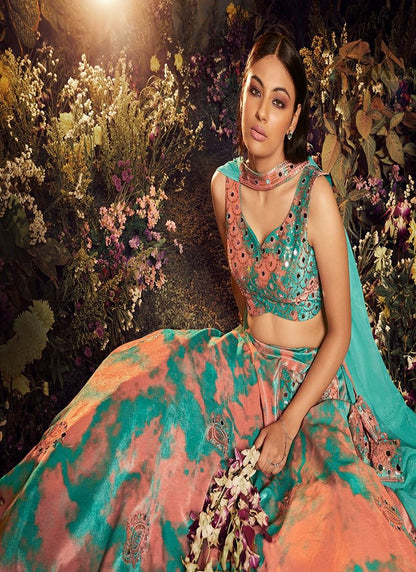 Aqua & Orange Velvet Lehenga Choli with Mirror & Sequins Work - Khushkar
