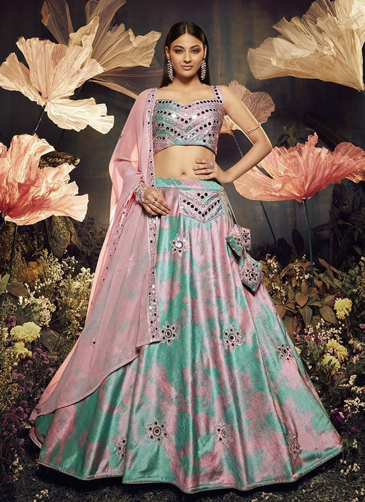 Aqua & Pink Velvet Lehenga Choli with Mirror & Sequins Work - Khushkar