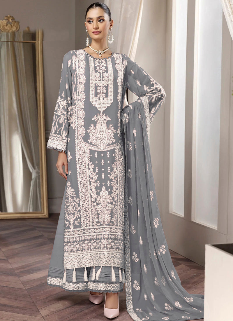Dark Gray Pakistani Style Palazzo Suit with Embroidery & Mirror Work