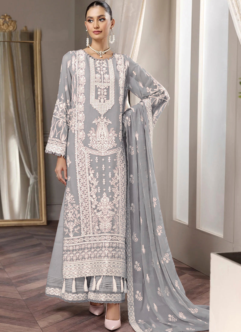 Light Gray Pakistani Style Palazzo Suit with Embroidery & Mirror Work